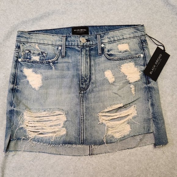 BLACK ORCHID Denim Destroyed Raw Hem Mini Skirt - Size 26 - NEW w/ TAGS - Picture 3 of 8